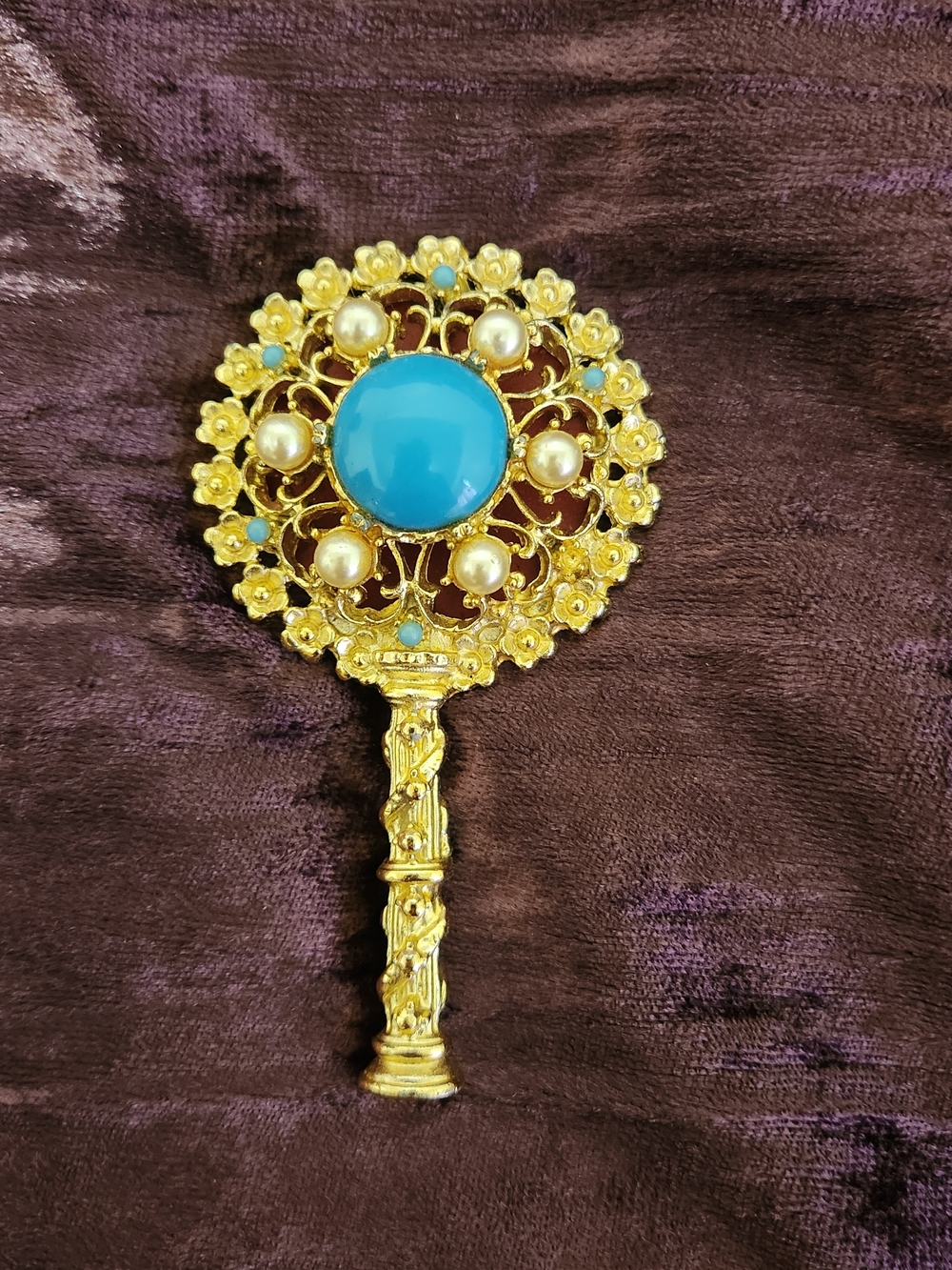 Gold-Tone Turquoise & Pearl Floral Hand Mirror